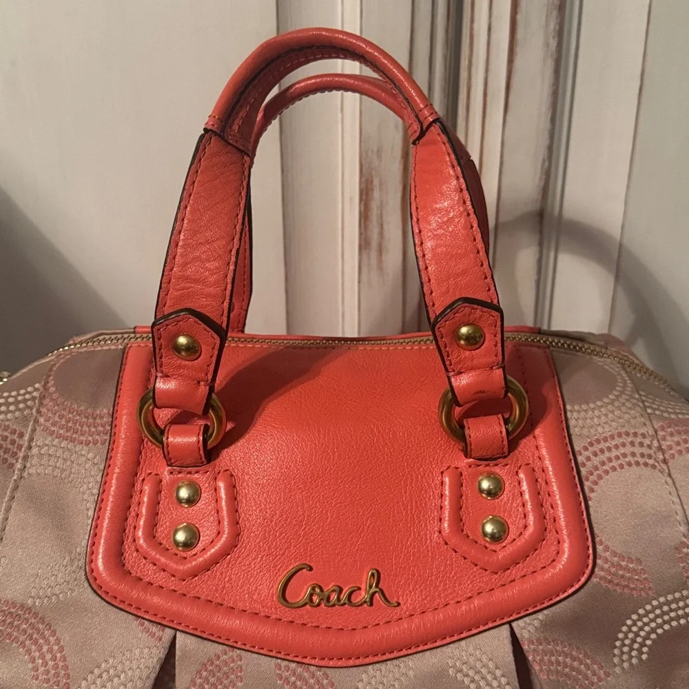 Coach Ashley Signature Tan Sateen,coral Leather Shoulder satchel Bag - Picture 3 of 11